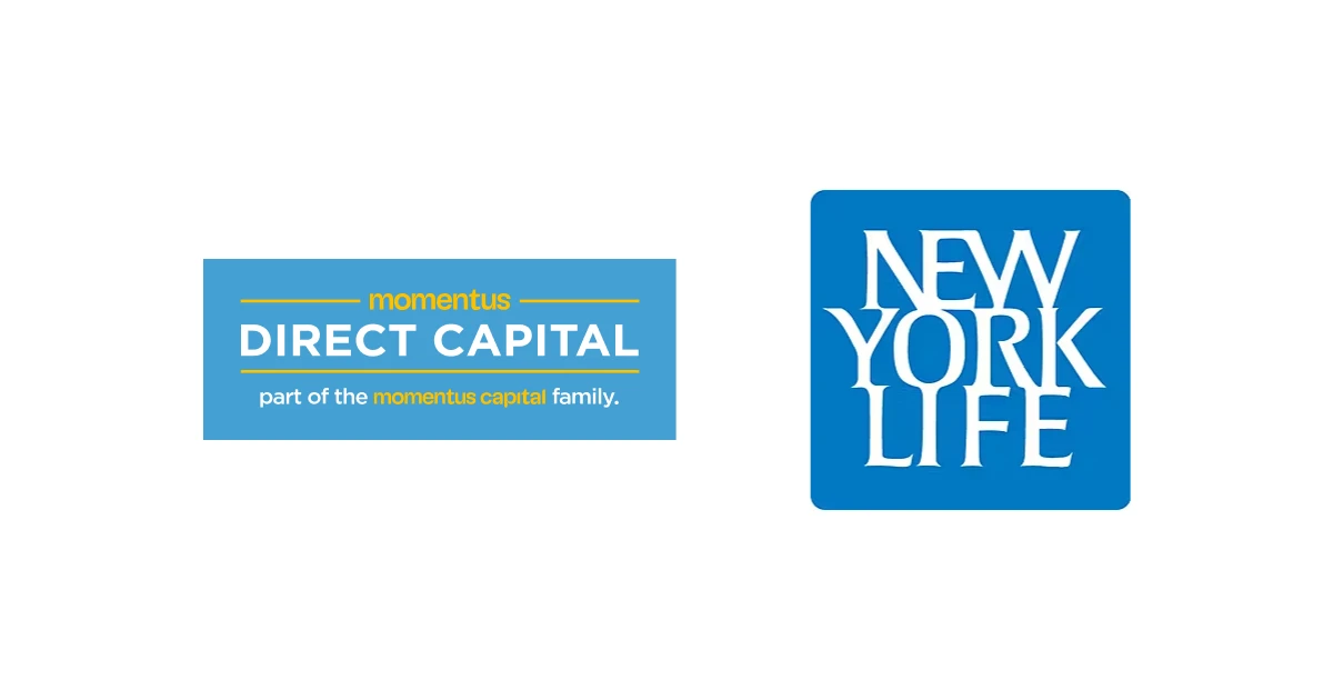The Momentus Direct Capital and new York Life logos site together on a white background representing their commitment together to small businesses.